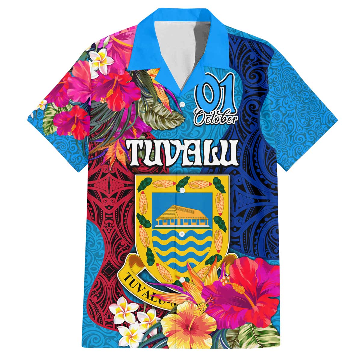Tuvalu Independence Day Family Matching Off Shoulder Short Dress and Hawaiian Shirt 1st October 46th Anniversary Polynesian Jungle Flower