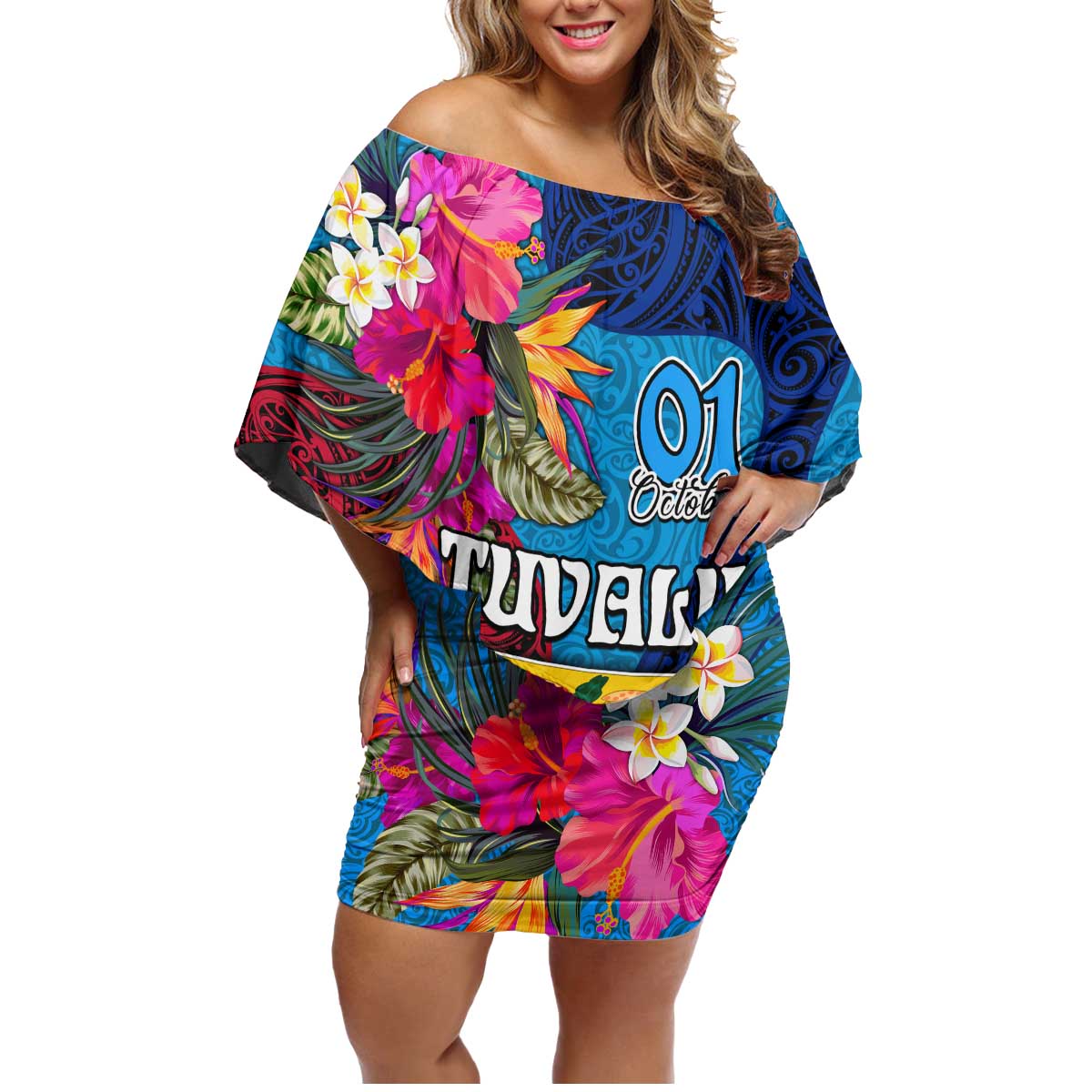 Tuvalu Independence Day Family Matching Off Shoulder Short Dress and Hawaiian Shirt 1st October 46th Anniversary Polynesian Jungle Flower