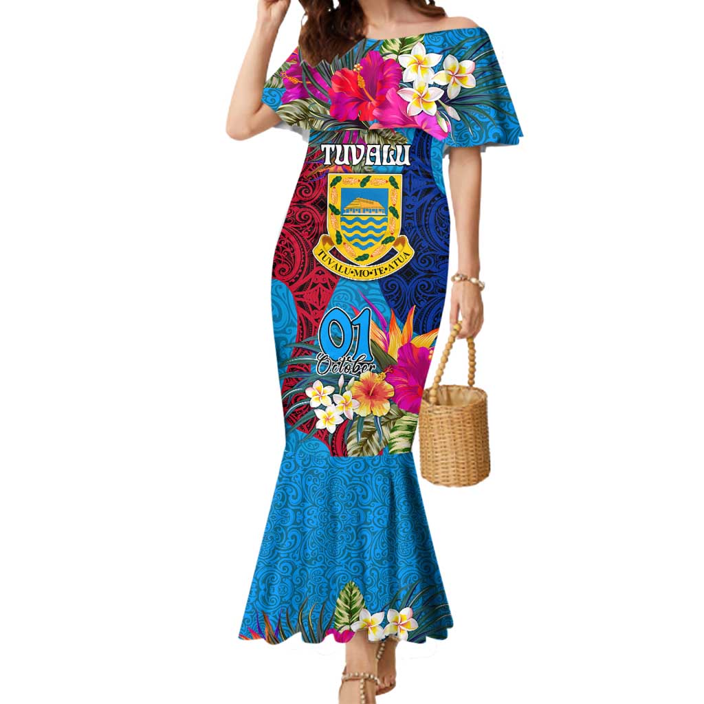 Tuvalu Independence Day Mermaid Dress 1st October 46th Anniversary Polynesian Jungle Flower LT03 Women Blue - Polynesian Pride