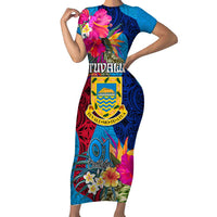 Tuvalu Independence Day Short Sleeve Bodycon Dress 1st October 46th Anniversary Polynesian Jungle Flower LT03 Long Dress Blue - Polynesian Pride