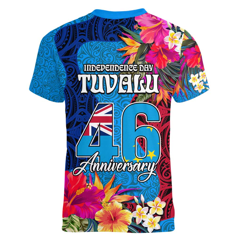 Tuvalu Independence Day Women V-Neck T-Shirt 1st October 46th Anniversary Polynesian Jungle Flower