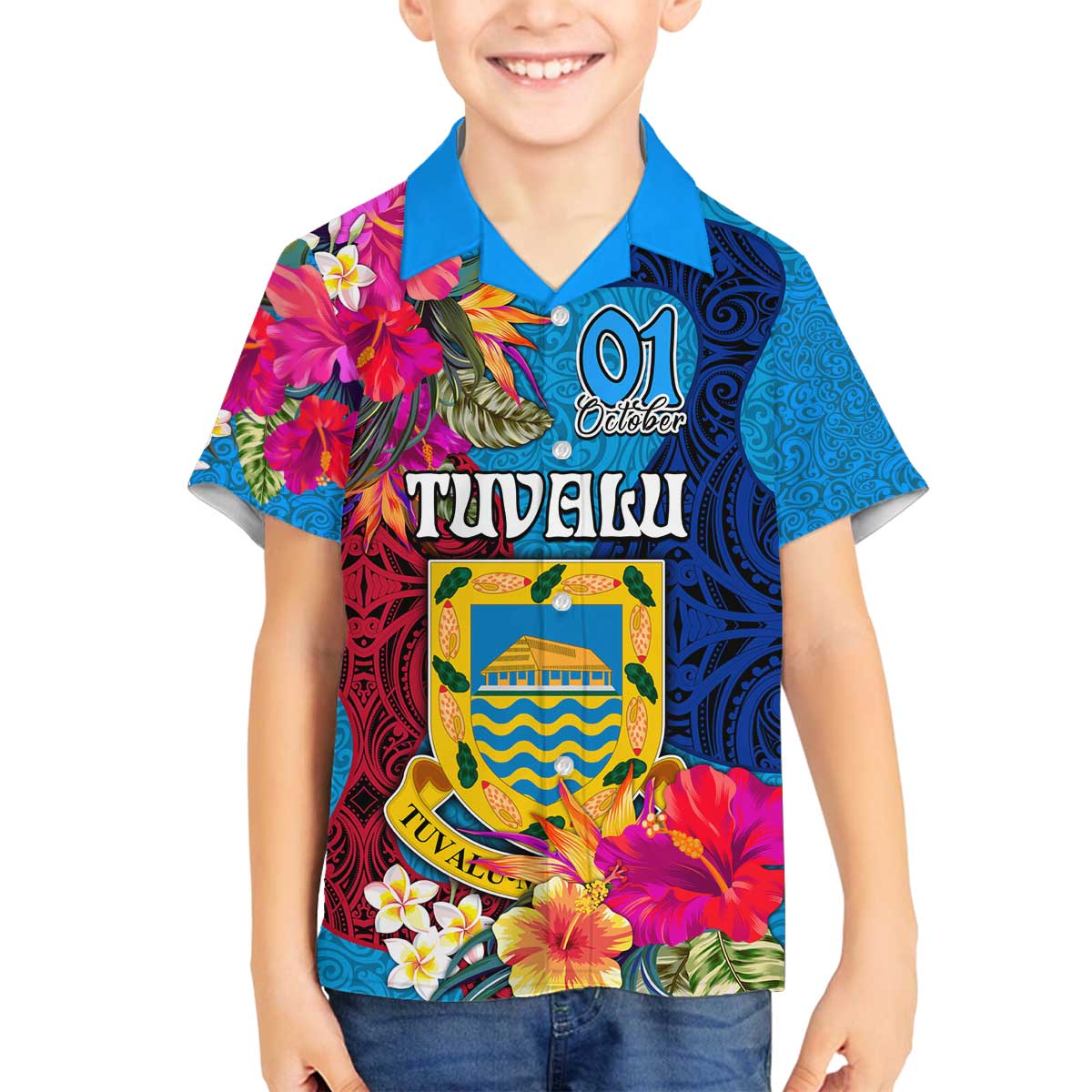 Personalised Tuvalu Independence Day Family Matching Off Shoulder Short Dress and Hawaiian Shirt 1st October 46th Anniversary Polynesian Jungle Flower LT03 Son's Shirt Blue - Polynesian Pride