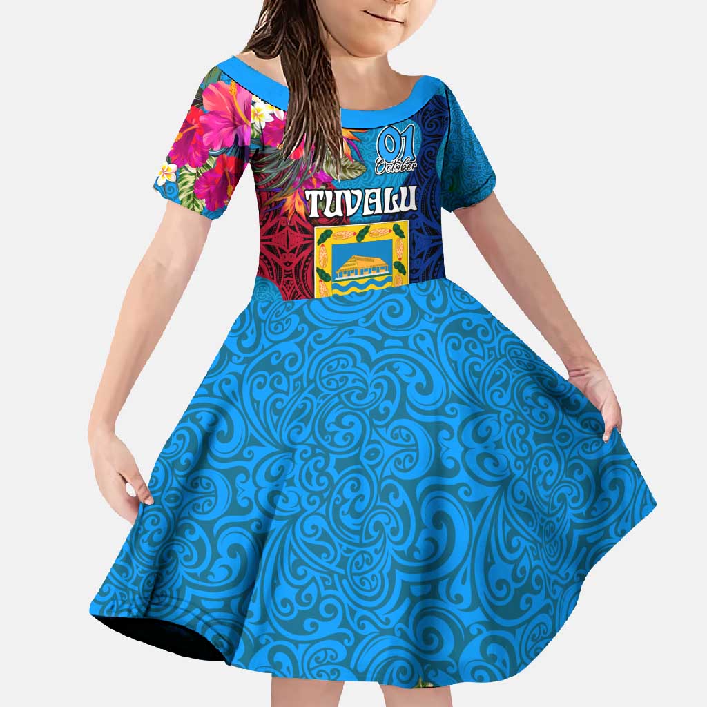 Personalised Tuvalu Independence Day Family Matching Tank Maxi Dress and Hawaiian Shirt 1st October 46th Anniversary Polynesian Jungle Flower LT03 Daughter's Dress Blue - Polynesian Pride