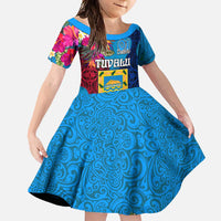 Personalised Tuvalu Independence Day Family Matching Tank Maxi Dress and Hawaiian Shirt 1st October 46th Anniversary Polynesian Jungle Flower LT03 Daughter's Dress Blue - Polynesian Pride