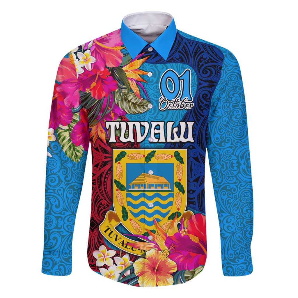 Personalised Tuvalu Independence Day Family Matching Tank Maxi Dress and Hawaiian Shirt 1st October 46th Anniversary Polynesian Jungle Flower LT03 Dad's Shirt - Long Sleeve Blue - Polynesian Pride