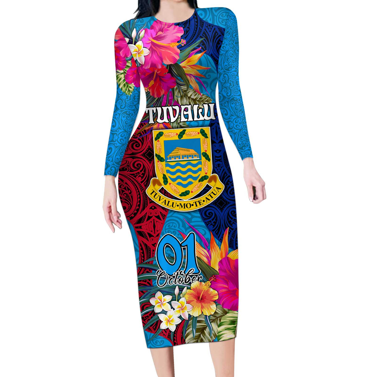 Personalised Tuvalu Independence Day Long Sleeve Bodycon Dress 1st October 46th Anniversary Polynesian Jungle Flower LT03 Long Dress Blue - Polynesian Pride