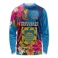 Personalised Tuvalu Independence Day Long Sleeve Shirt 1st October 46th Anniversary Polynesian Jungle Flower LT03 Unisex Blue - Polynesian Pride