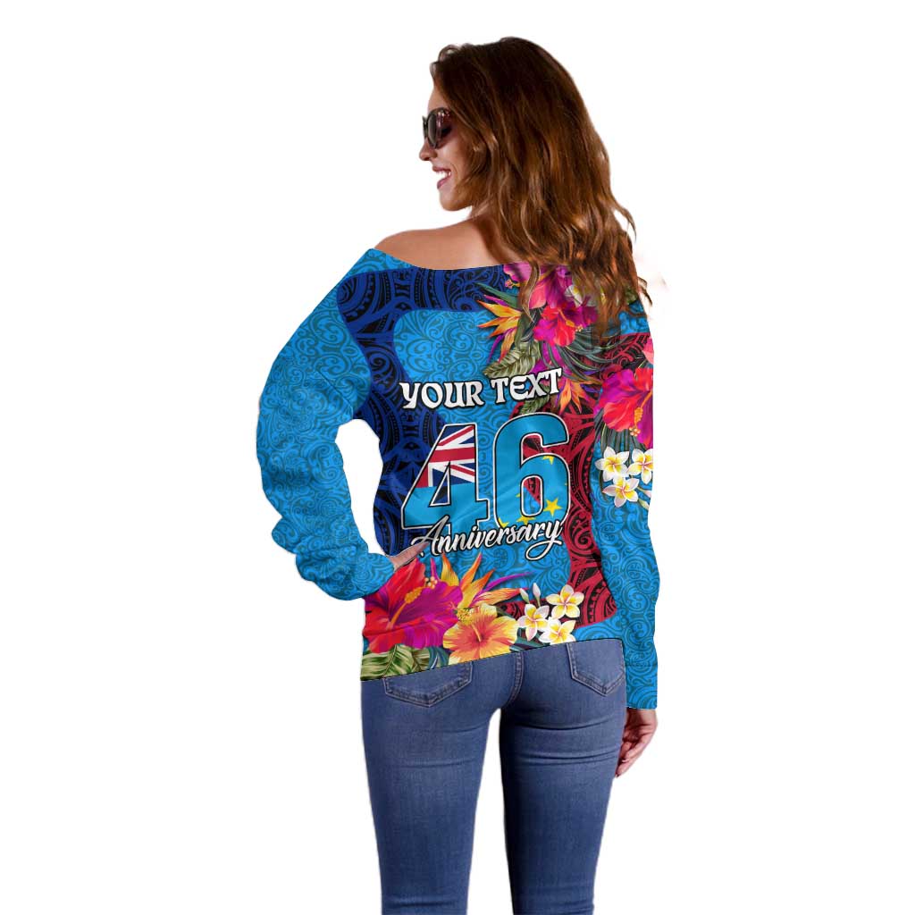 Personalised Tuvalu Independence Day Off Shoulder Sweater 1st October 46th Anniversary Polynesian Jungle Flower