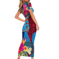 Personalised Tuvalu Independence Day Short Sleeve Bodycon Dress 1st October 46th Anniversary Polynesian Jungle Flower LT03 - Polynesian Pride