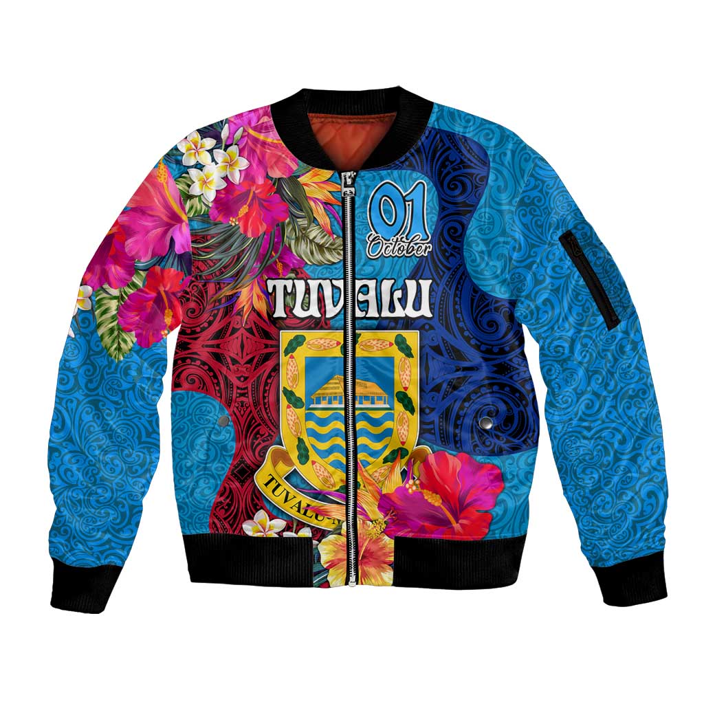 Personalised Tuvalu Independence Day Sleeve Zip Bomber Jacket 1st October 46th Anniversary Polynesian Jungle Flower LT03 Unisex Blue - Polynesian Pride