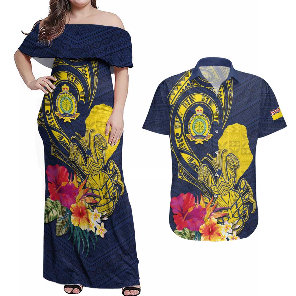 Niue Independence Day Couples Matching Off Shoulder Maxi Dress and Hawaiian Shirt Hiapo Pattern Hibiscus Plumeria and Uga LT03 Yellow - Polynesian Pride