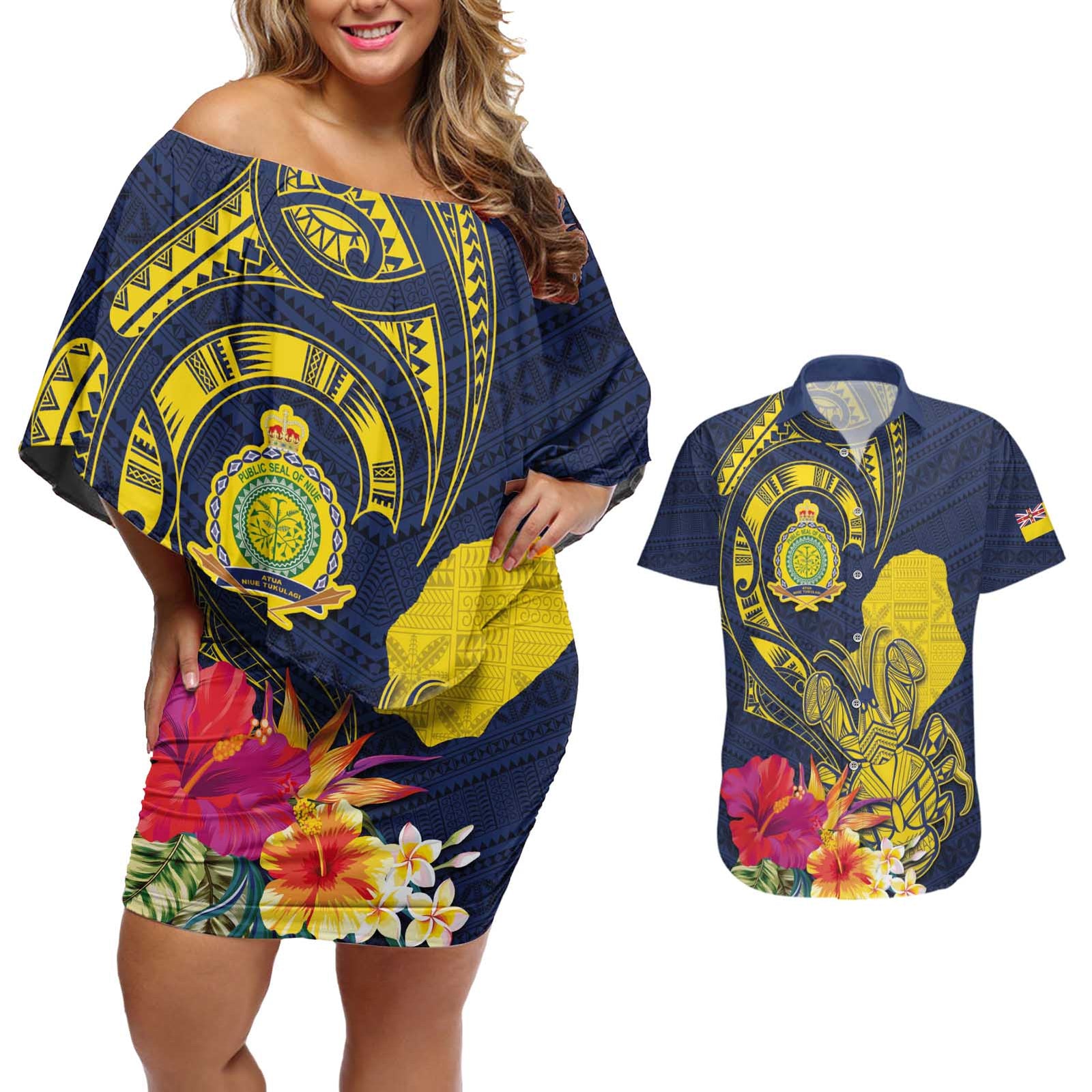 Niue Independence Day Couples Matching Off Shoulder Short Dress and Hawaiian Shirt Hiapo Pattern Hibiscus Plumeria and Uga LT03 Yellow - Polynesian Pride