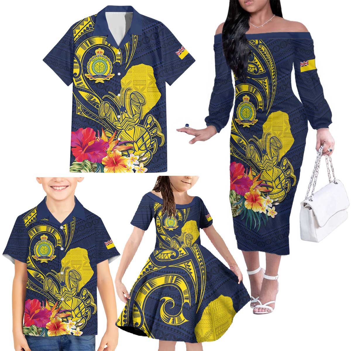 Niue Independence Day Family Matching Off The Shoulder Long Sleeve Dress and Hawaiian Shirt Hiapo Pattern Hibiscus Plumeria and Uga LT03 - Polynesian Pride