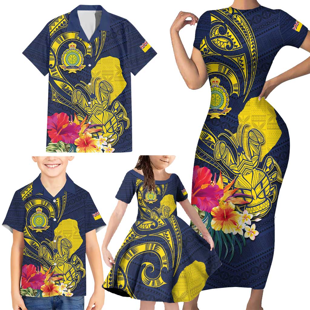 Niue Independence Day Family Matching Short Sleeve Bodycon Dress and Hawaiian Shirt Hiapo Pattern Hibiscus Plumeria and Uga LT03 - Polynesian Pride
