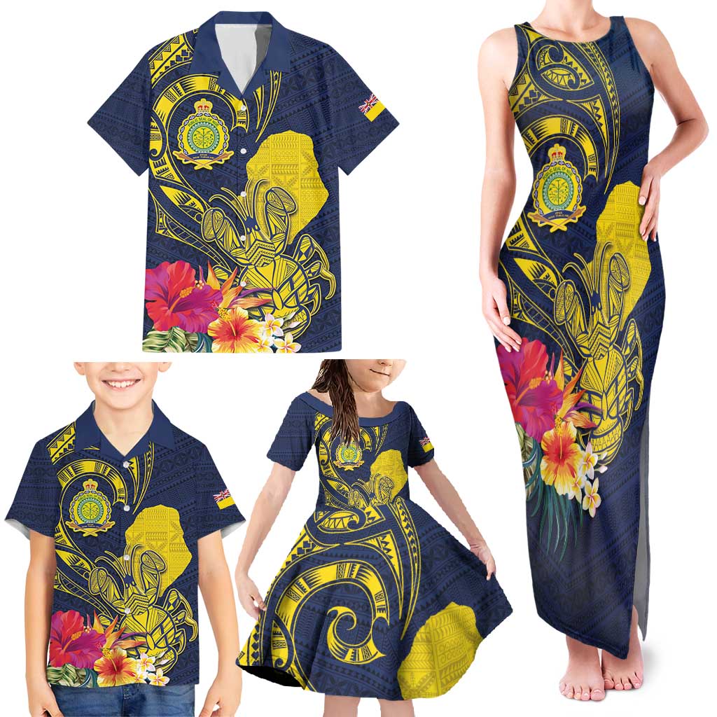Niue Independence Day Family Matching Tank Maxi Dress and Hawaiian Shirt Hiapo Pattern Hibiscus Plumeria and Uga LT03 - Polynesian Pride