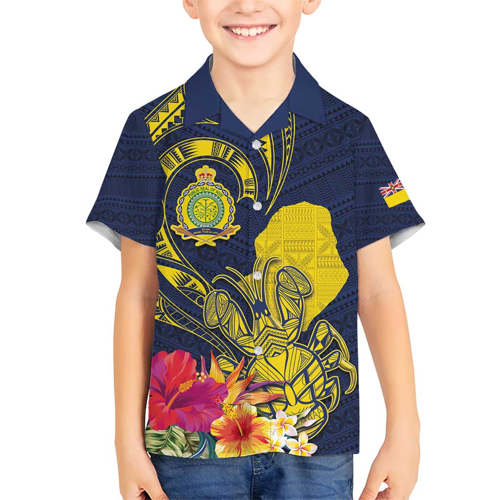 Niue Independence Day Kid Hawaiian Shirt Hiapo Pattern Hibiscus Plumeria and Uga