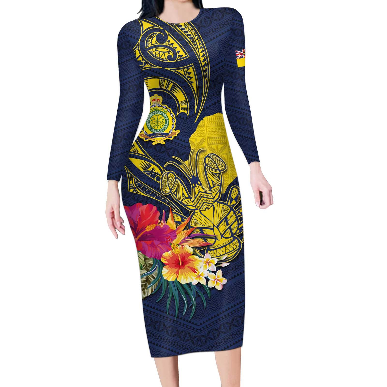 Niue Independence Day Long Sleeve Bodycon Dress Hiapo Pattern Hibiscus Plumeria and Uga LT03 Long Dress Yellow - Polynesian Pride