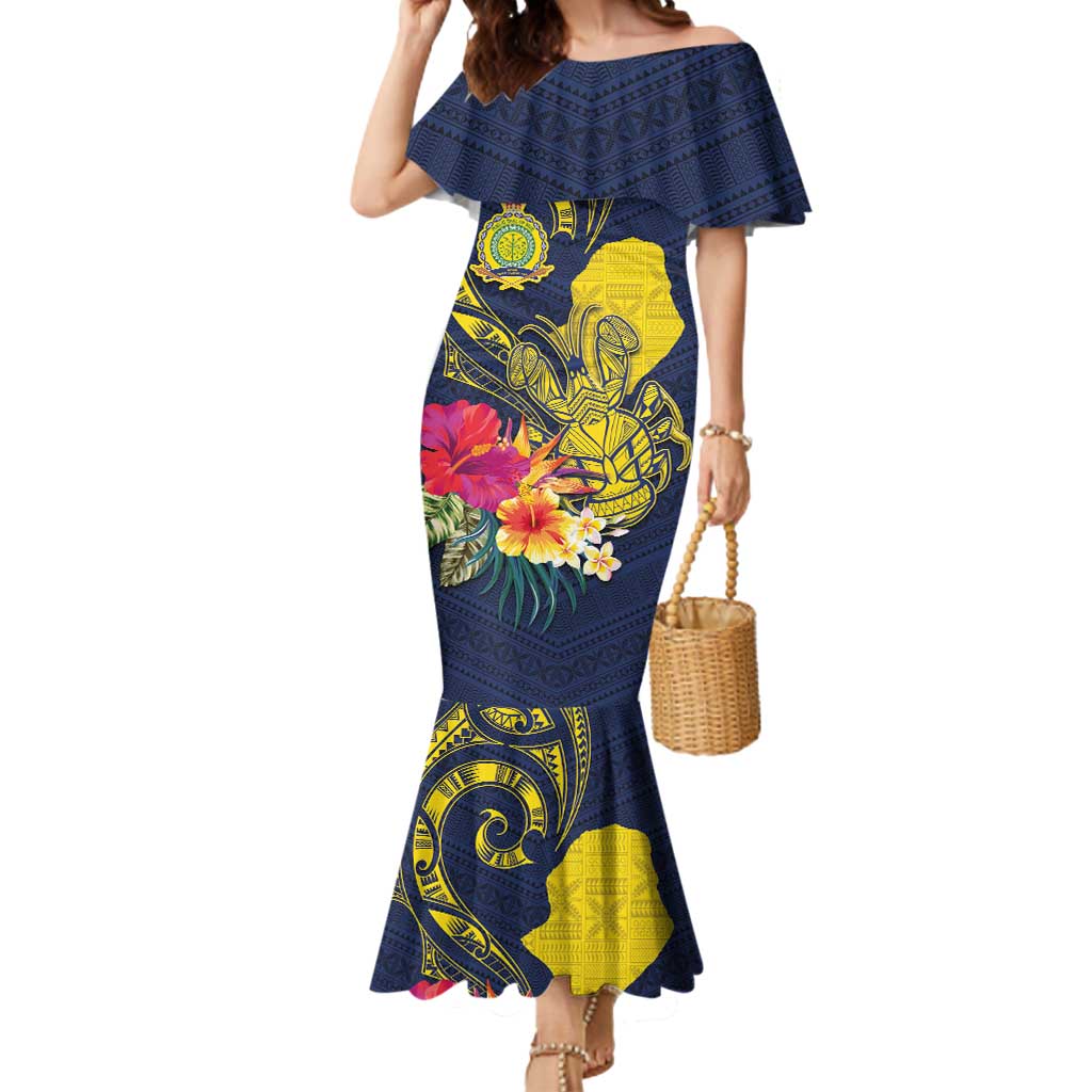 Niue Independence Day Mermaid Dress Hiapo Pattern Hibiscus Plumeria and Uga LT03 Women Yellow - Polynesian Pride