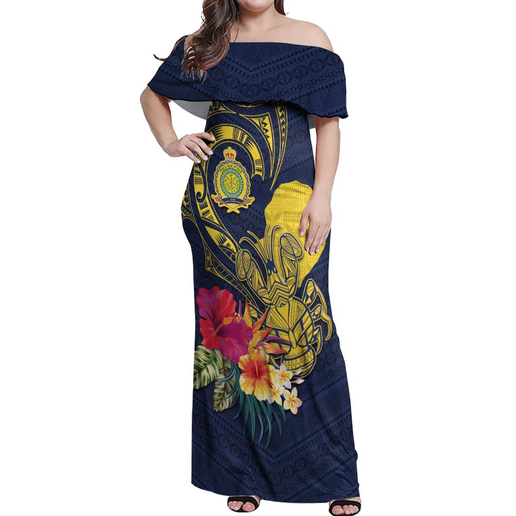 Niue Independence Day Off Shoulder Maxi Dress Hiapo Pattern Hibiscus Plumeria and Uga LT03 Women Yellow - Polynesian Pride