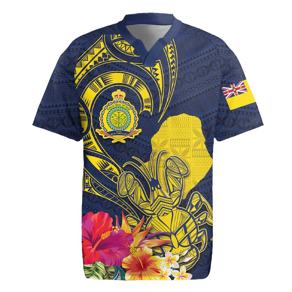 Niue Independence Day Rugby Jersey Hiapo Pattern Hibiscus Plumeria and Uga