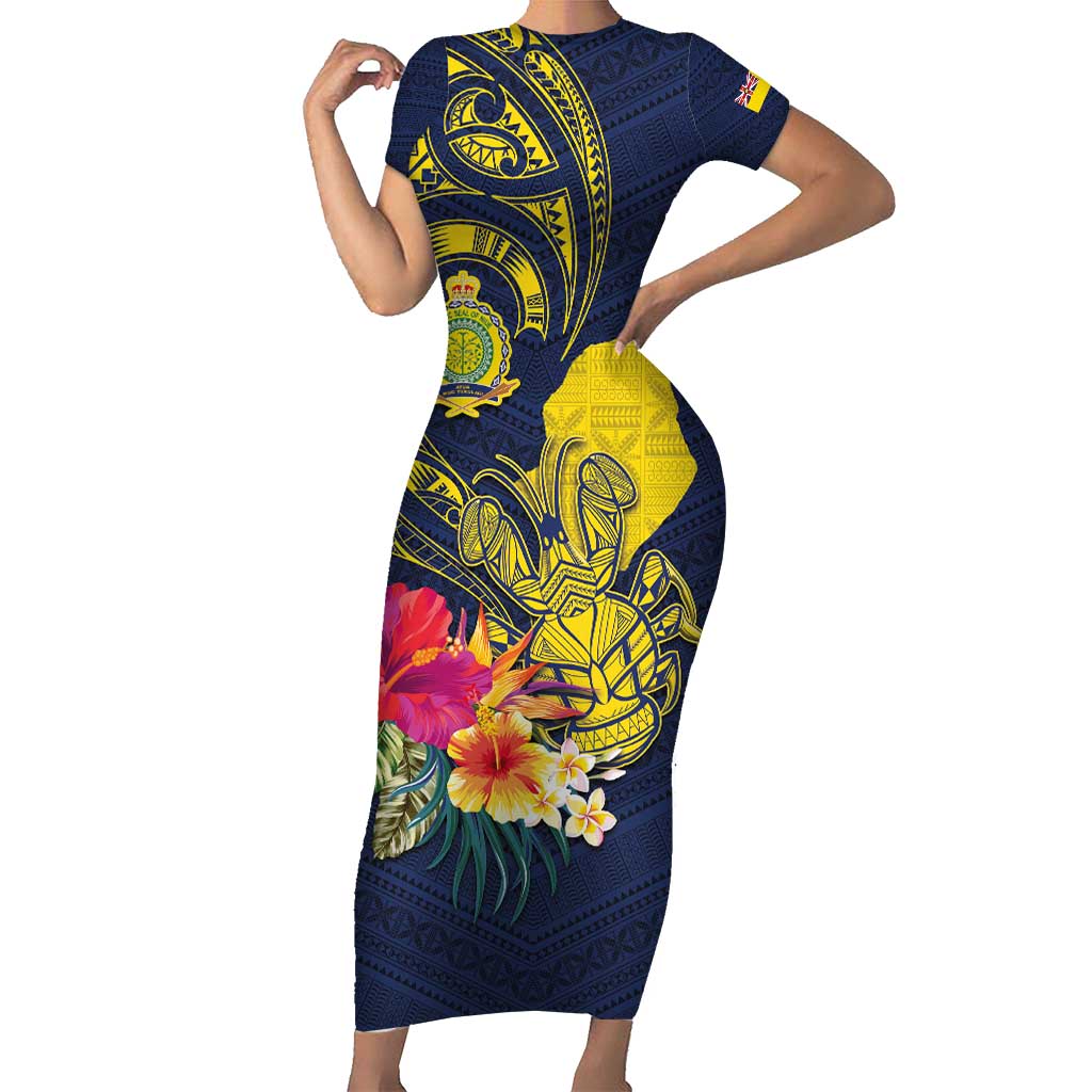 Niue Independence Day Short Sleeve Bodycon Dress Hiapo Pattern Hibiscus Plumeria and Uga LT03 Long Dress Yellow - Polynesian Pride