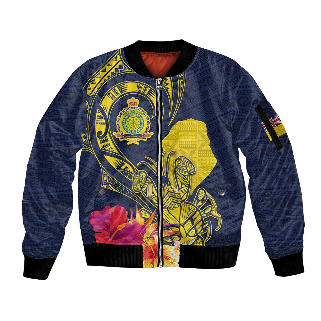 Niue Independence Day Sleeve Zip Bomber Jacket Hiapo Pattern Hibiscus Plumeria and Uga LT03 Unisex Yellow - Polynesian Pride