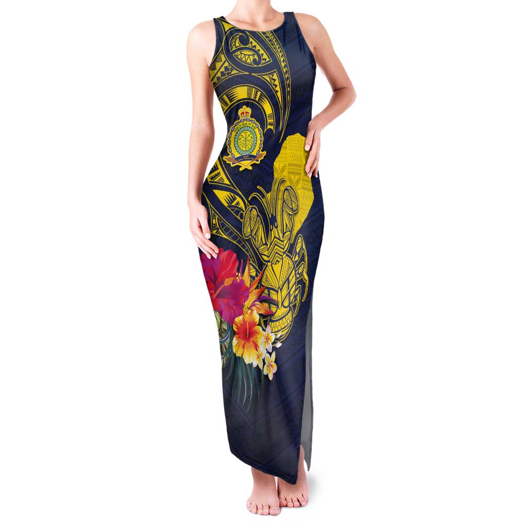 Niue Independence Day Tank Maxi Dress Hiapo Pattern Hibiscus Plumeria and Uga LT03 Women Yellow - Polynesian Pride