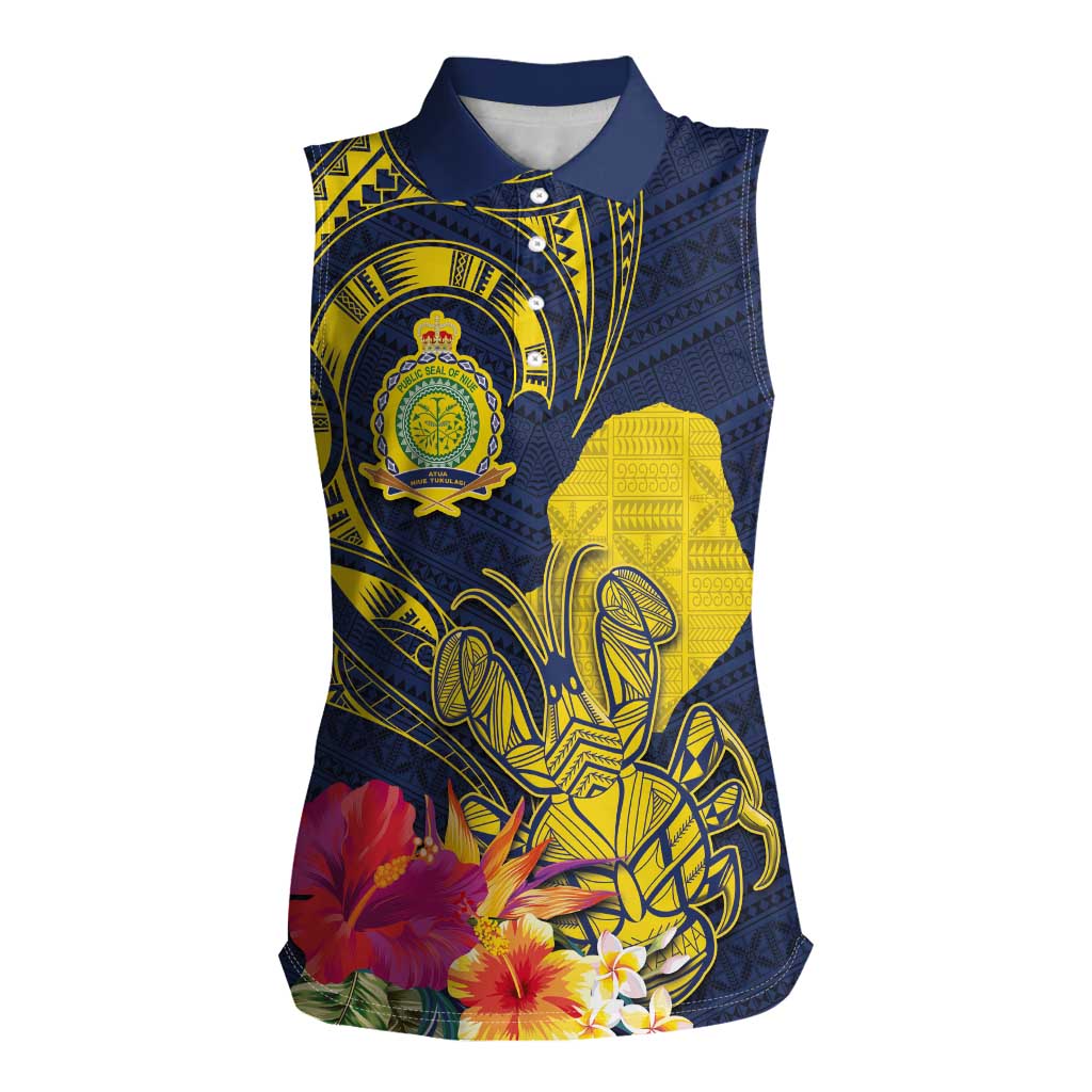 Niue Independence Day Women Sleeveless Polo Shirt Hiapo Pattern Hibiscus Plumeria and Uga