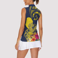 Niue Independence Day Women Sleeveless Polo Shirt Hiapo Pattern Hibiscus Plumeria and Uga