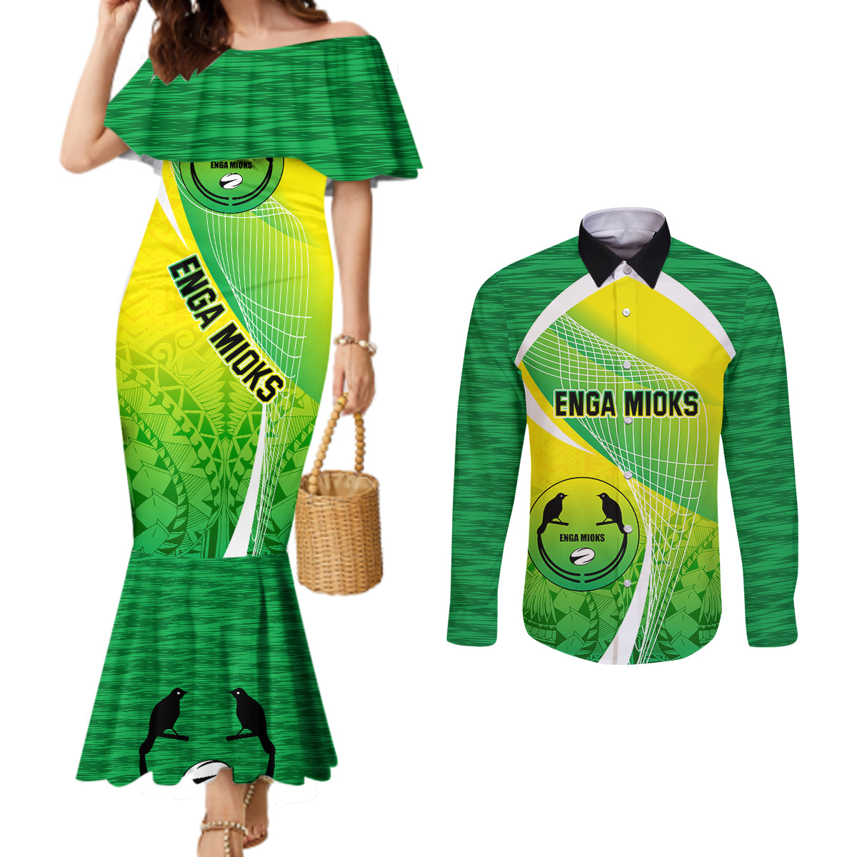 Enga Mioks Rugby Couples Matching Mermaid Dress and Long Sleeve Button Shirts Papua New Guinea Polynesian Tattoo LT03 Green - Polynesian Pride