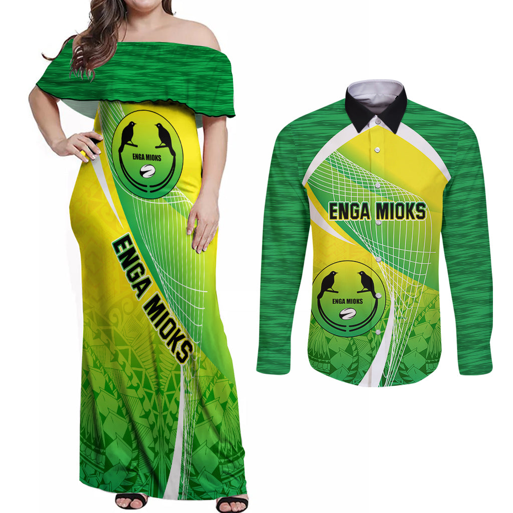 Enga Mioks Rugby Couples Matching Off Shoulder Maxi Dress and Long Sleeve Button Shirts Papua New Guinea Polynesian Tattoo LT03 Green - Polynesian Pride