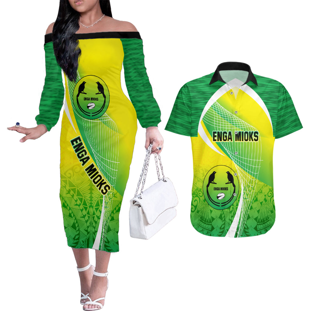 Enga Mioks Rugby Couples Matching Off The Shoulder Long Sleeve Dress and Hawaiian Shirt Papua New Guinea Polynesian Tattoo LT03 Green - Polynesian Pride