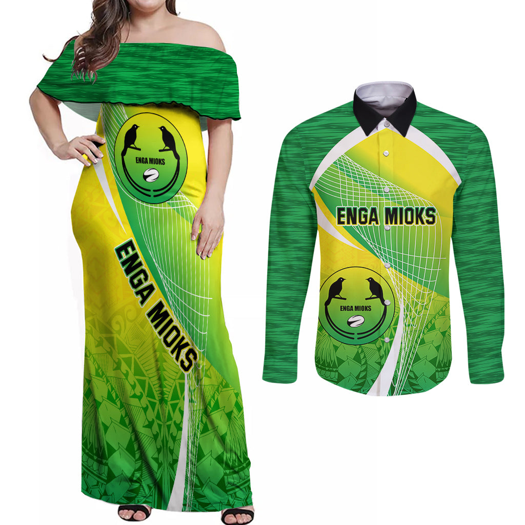 Custom Enga Mioks Rugby Couples Matching Off Shoulder Maxi Dress and Long Sleeve Button Shirts Papua New Guinea Polynesian Tattoo LT03 Green - Polynesian Pride