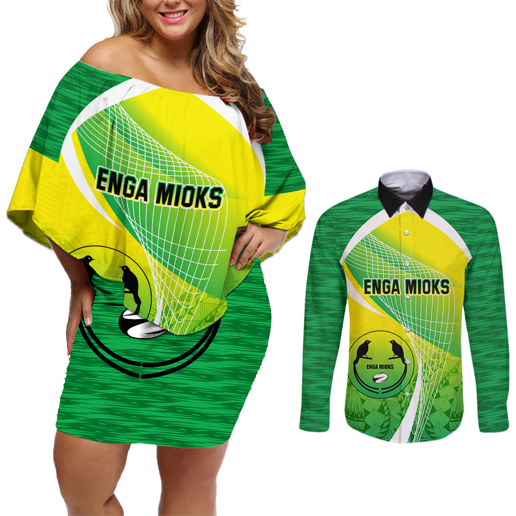 Custom Enga Mioks Rugby Couples Matching Off Shoulder Short Dress and Long Sleeve Button Shirts Papua New Guinea Polynesian Tattoo LT03 Green - Polynesian Pride