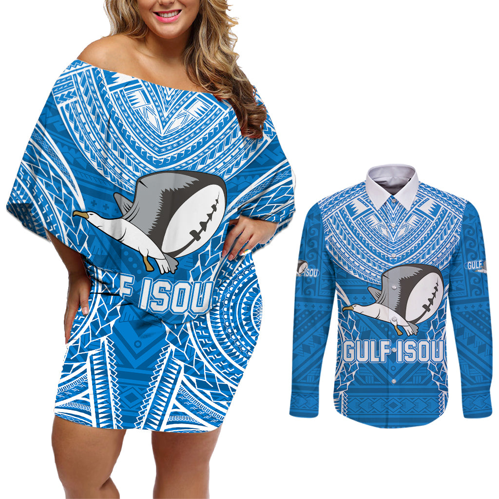 Gulf Isou Rugby Couples Matching Off Shoulder Short Dress and Long Sleeve Button Shirts Papua New Guinea Polynesian Tattoo LT03 Blue - Polynesian Pride