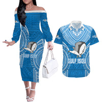 Gulf Isou Rugby Couples Matching Off The Shoulder Long Sleeve Dress and Hawaiian Shirt Papua New Guinea Polynesian Tattoo LT03 Blue - Polynesian Pride