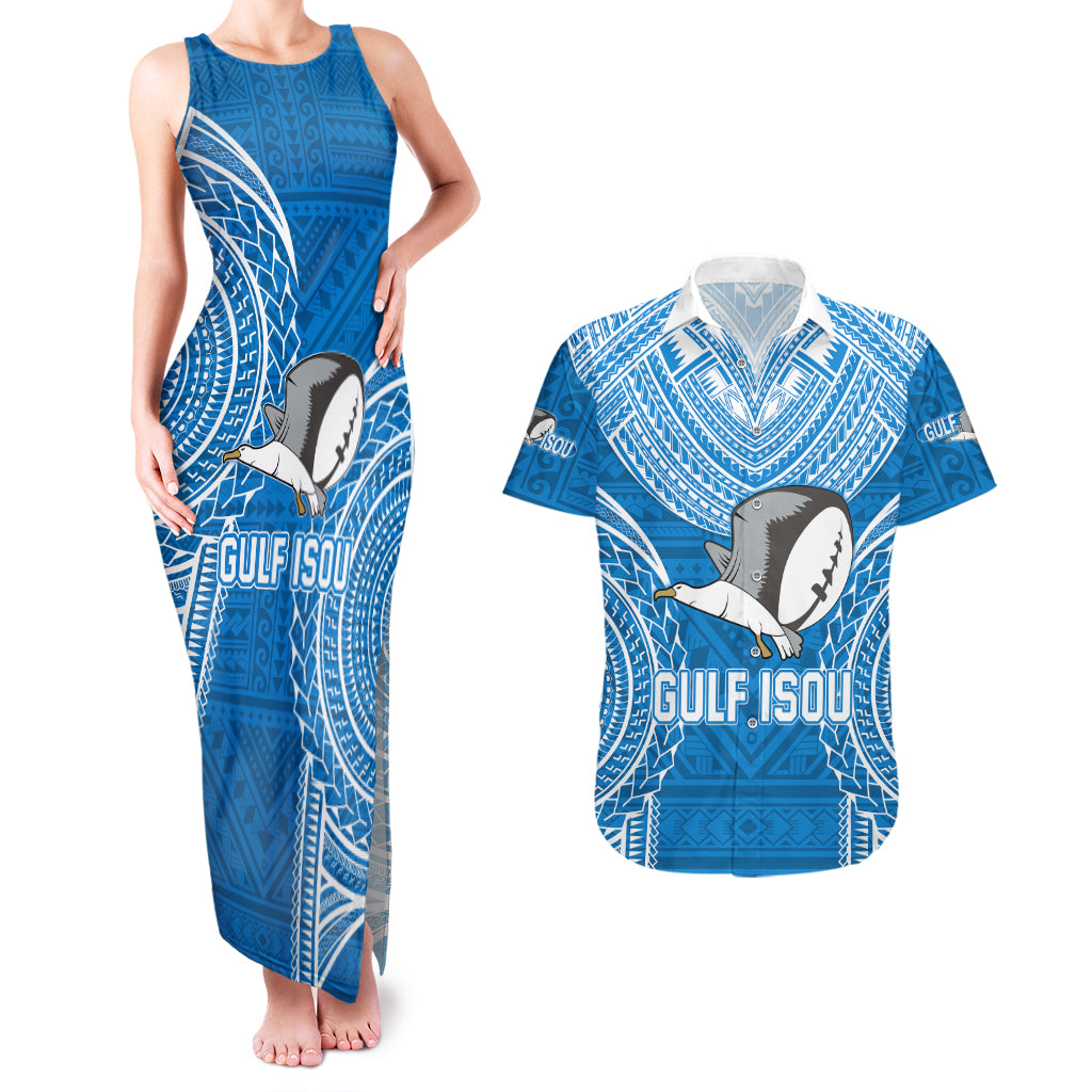 Gulf Isou Rugby Couples Matching Tank Maxi Dress and Hawaiian Shirt Papua New Guinea Polynesian Tattoo LT03 Blue - Polynesian Pride