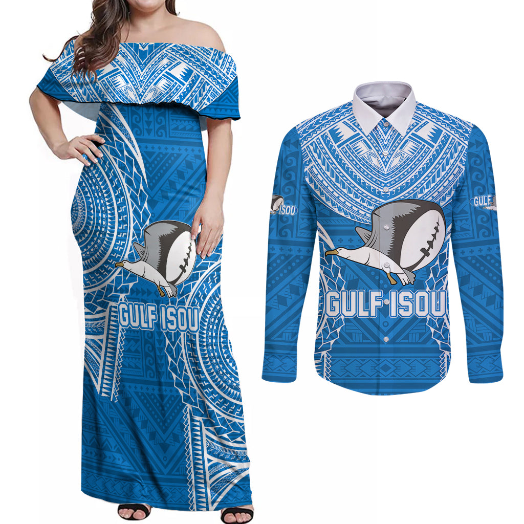 Custom Gulf Isou Rugby Couples Matching Off Shoulder Maxi Dress and Long Sleeve Button Shirts Papua New Guinea Polynesian Tattoo LT03 Blue - Polynesian Pride