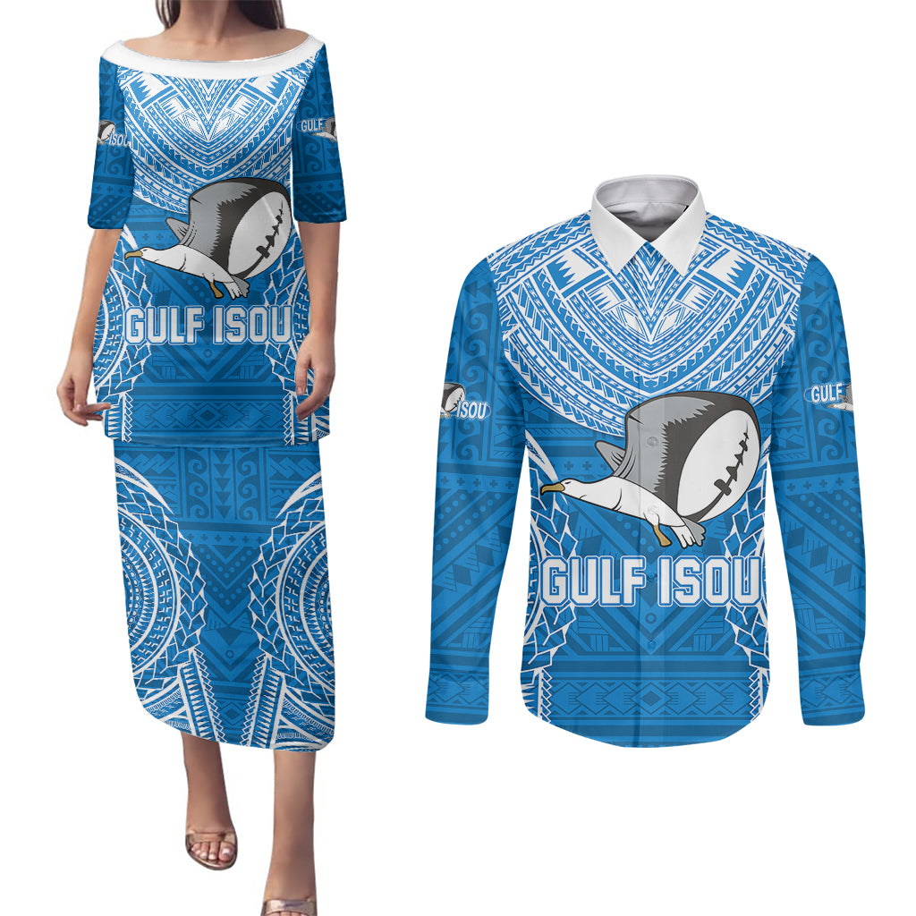 Custom Gulf Isou Rugby Couples Matching Puletasi Dress and Long Sleeve Button Shirts Papua New Guinea Polynesian Tattoo LT03 Blue - Polynesian Pride