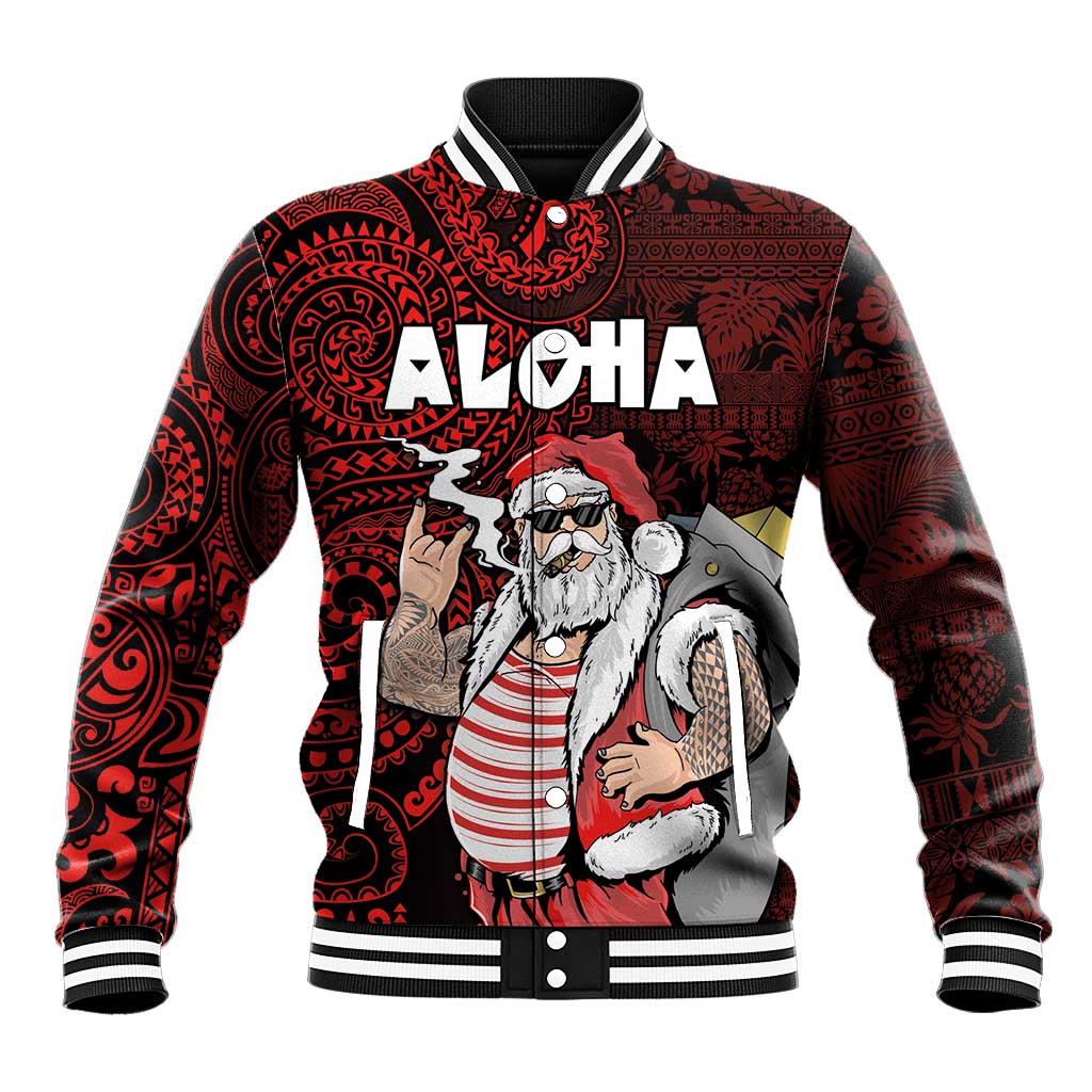 Hawaii Aloha Santa Claus Funny Polynesian Tattoo Baseball Jacket Red Color