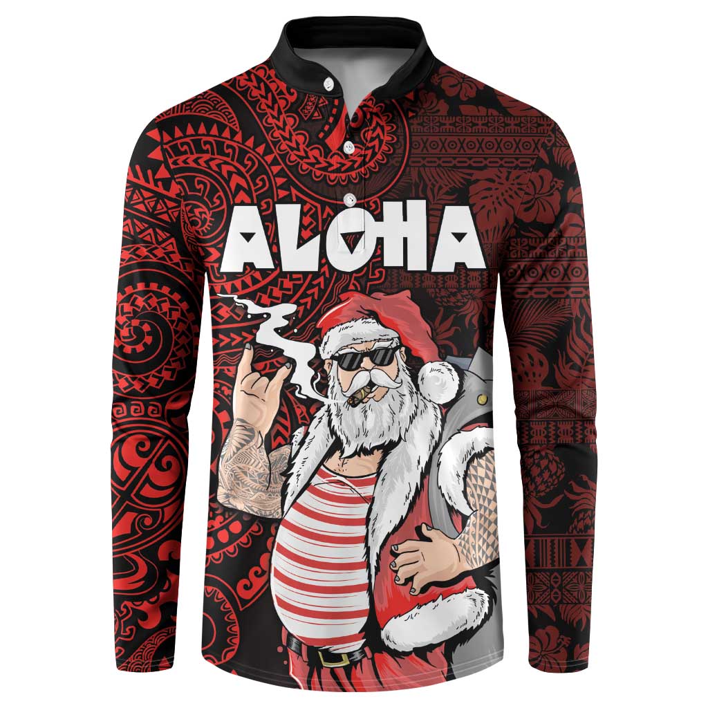Hawaii Aloha Santa Claus Funny Polynesian Tattoo Button Sweatshirt Red Color
