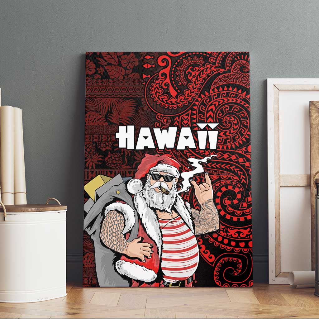 Hawaii Aloha Santa Claus Funny Polynesian Tattoo Canvas Wall Art Red Color