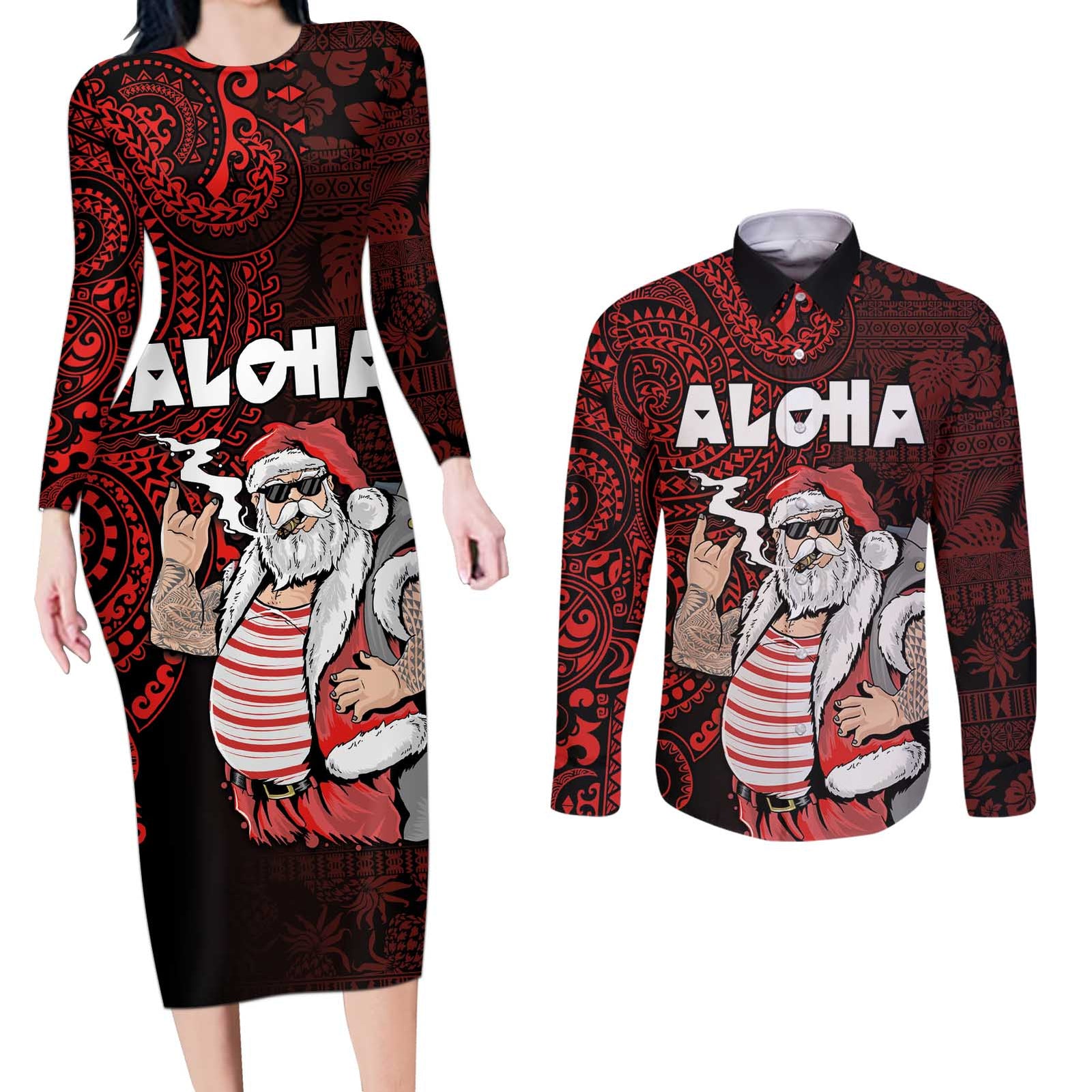 Hawaii Aloha Santa Claus Funny Polynesian Tattoo Couples Matching Long Sleeve Bodycon Dress and Long Sleeve Button Shirt Red Color LT03 Red - Polynesian Pride