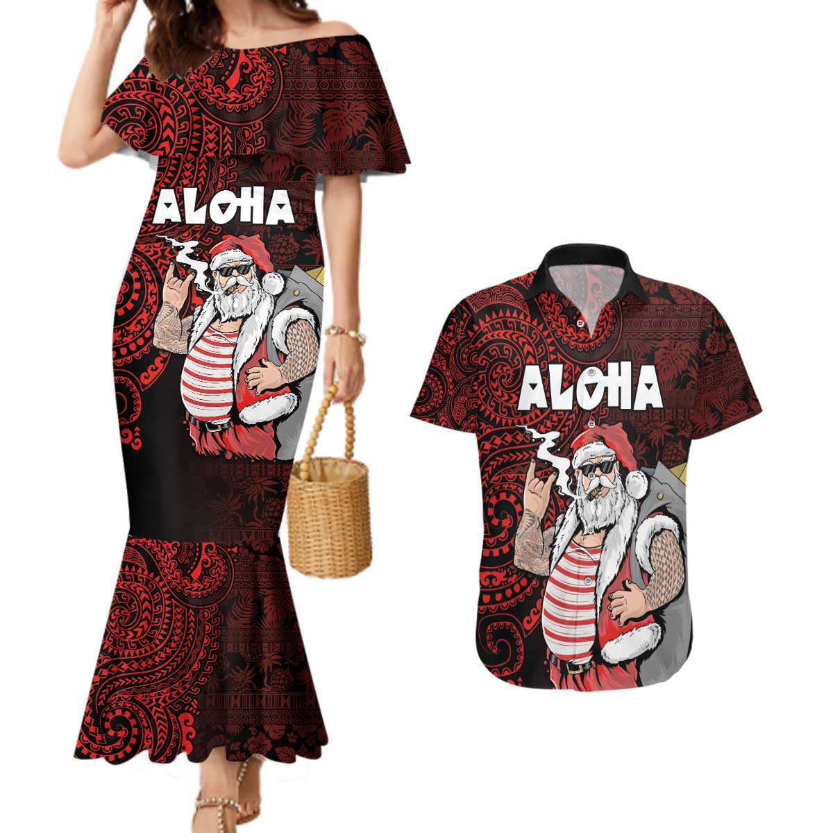 Hawaii Aloha Santa Claus Funny Polynesian Tattoo Couples Matching Mermaid Dress and Hawaiian Shirt Red Color LT03 Red - Polynesian Pride
