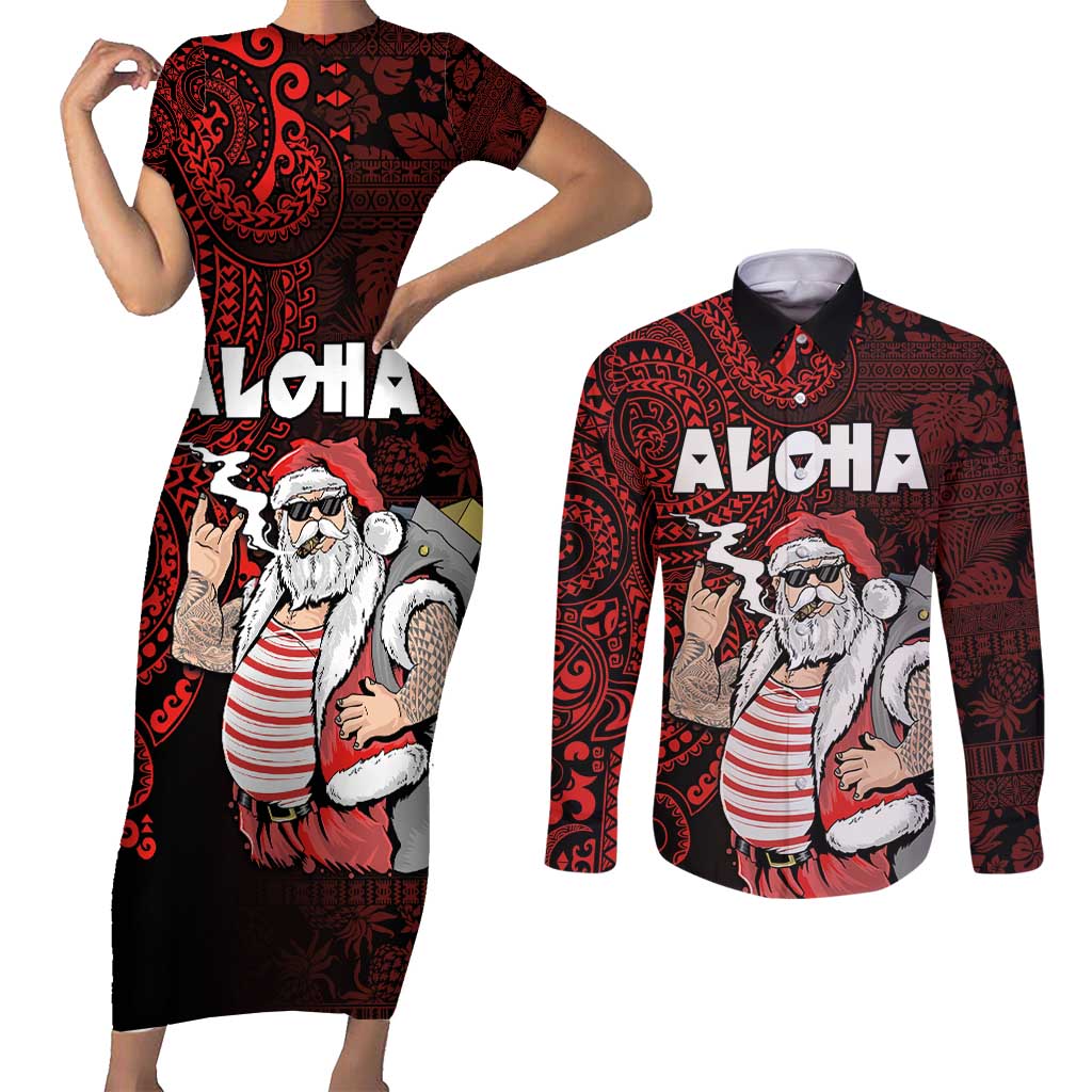 Hawaii Aloha Santa Claus Funny Polynesian Tattoo Couples Matching Short Sleeve Bodycon Dress and Long Sleeve Button Shirt Red Color LT03 Red - Polynesian Pride