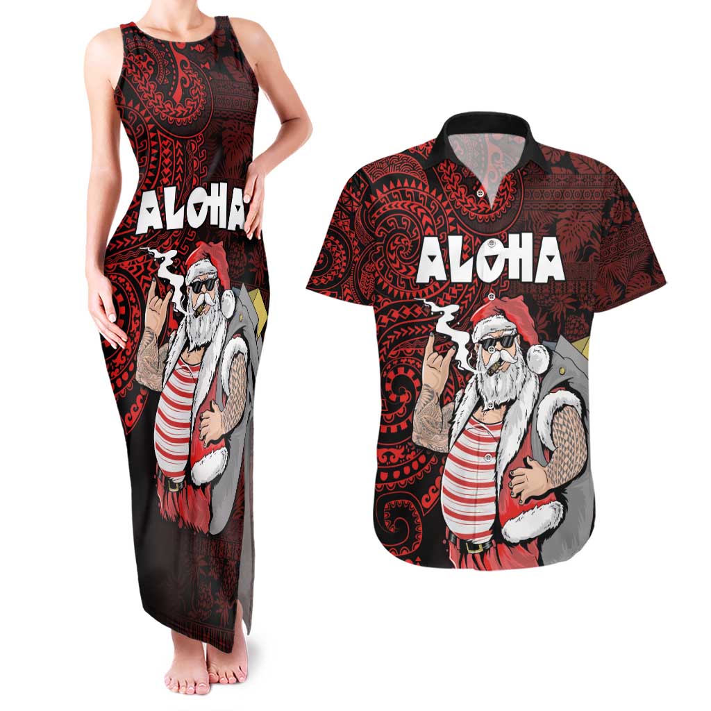Hawaii Aloha Santa Claus Funny Polynesian Tattoo Couples Matching Tank Maxi Dress and Hawaiian Shirt Red Color LT03 Red - Polynesian Pride