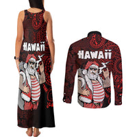 Hawaii Aloha Santa Claus Funny Polynesian Tattoo Couples Matching Tank Maxi Dress and Long Sleeve Button Shirt Red Color LT03 - Polynesian Pride