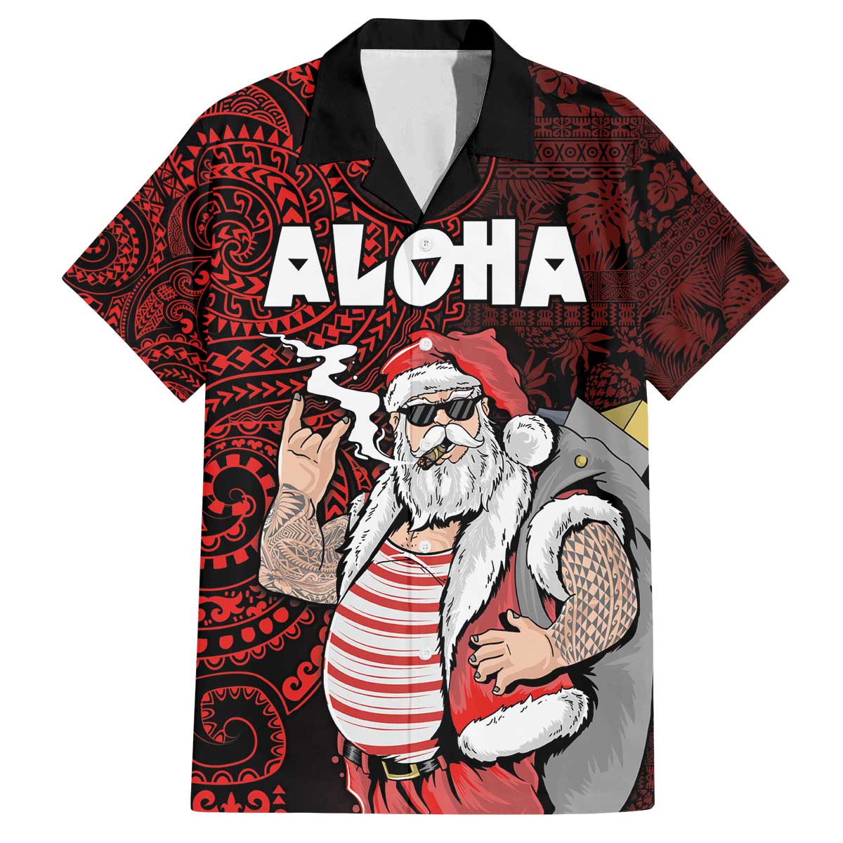 Hawaii Aloha Santa Claus Funny Polynesian Tattoo Family Matching Off Shoulder Short Dress and Hawaiian Shirt Red Color LT03 Dad's Shirt - Short Sleeve Red - Polynesian Pride