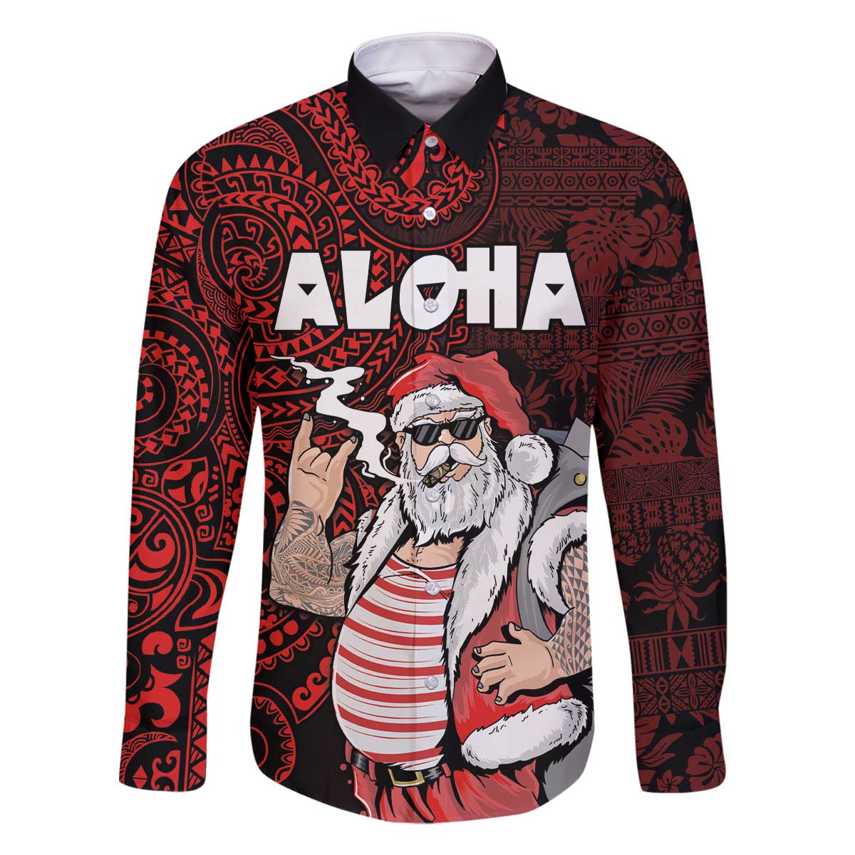 Hawaii Aloha Santa Claus Funny Polynesian Tattoo Family Matching Off Shoulder Short Dress and Hawaiian Shirt Red Color LT03 Dad's Shirt - Long Sleeve Red - Polynesian Pride