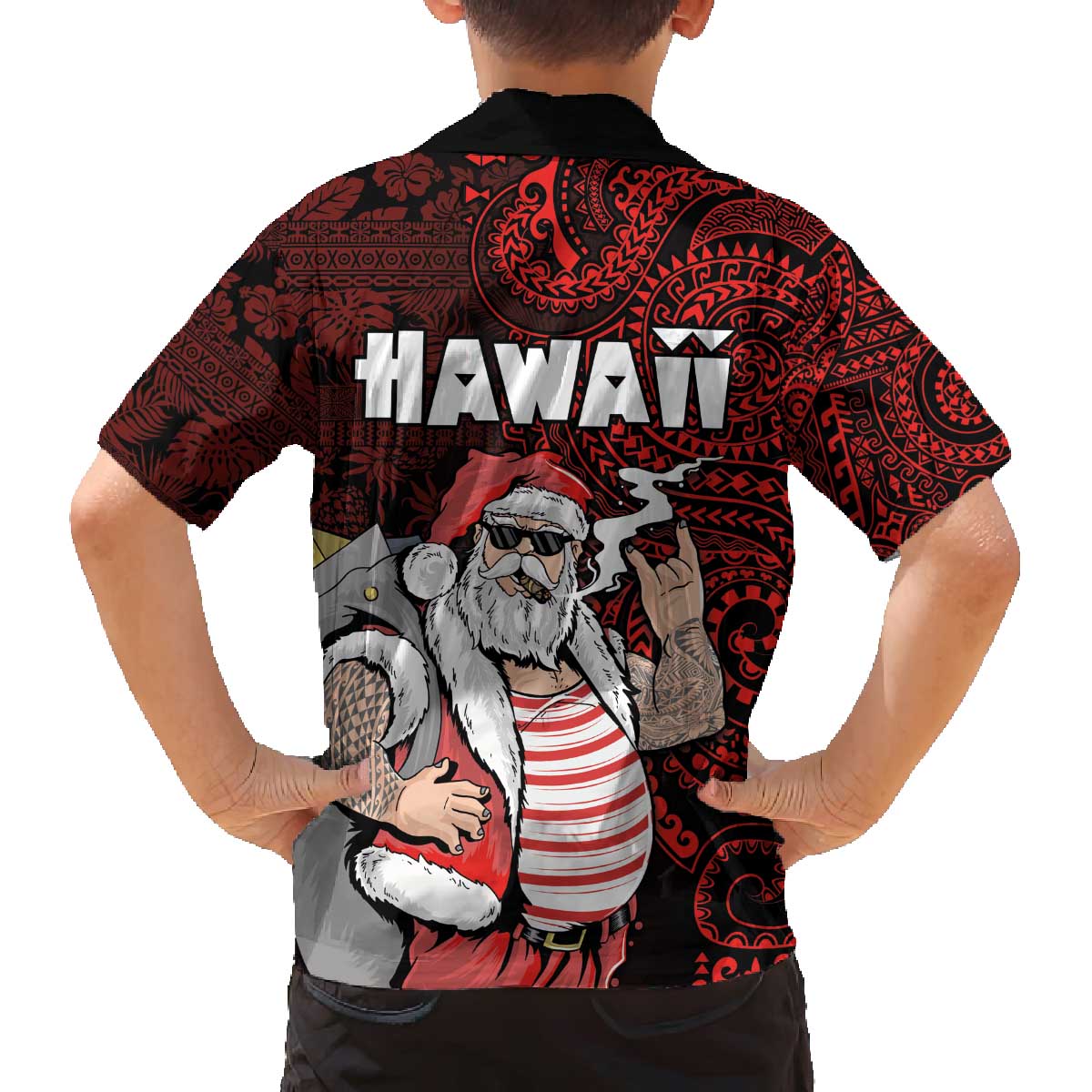 Hawaii Aloha Santa Claus Funny Polynesian Tattoo Family Matching Puletasi and Hawaiian Shirt Red Color